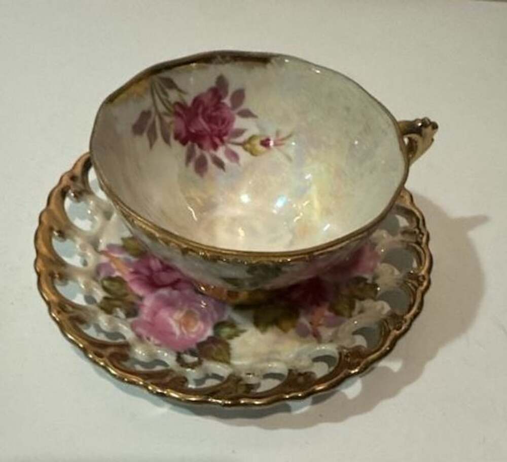 Vintage Royal Sealy Iridescent Teacup and Reticulated Saucer with Pink Roses and